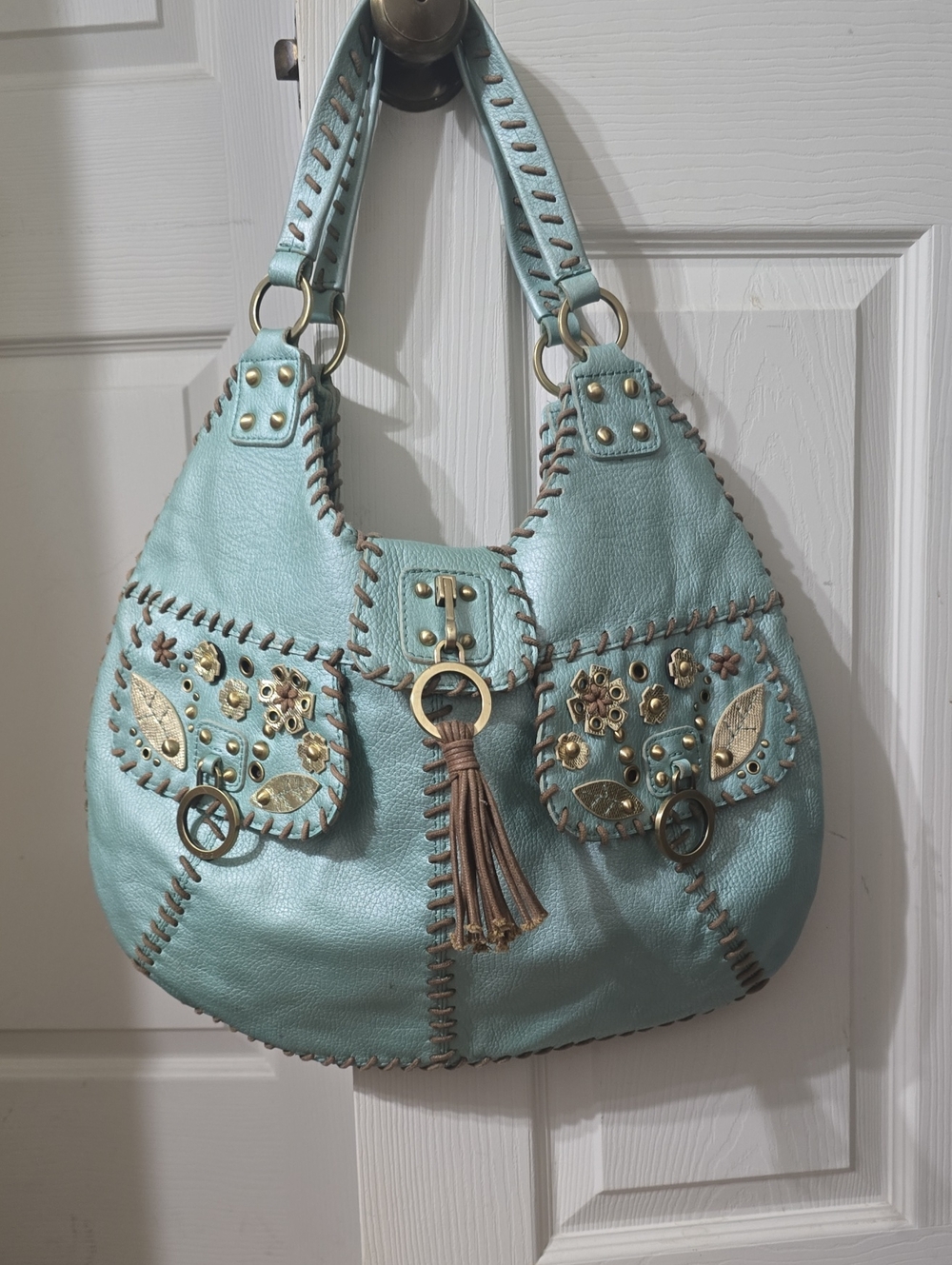 Rafe New York aqua Leather Adorned With Brass Rings And Stitching
